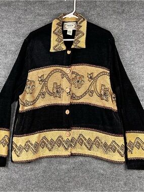 Tantrums Vintage 90s Black Chenille Tapestry Jacket Gold Beaded Trim Women’s L